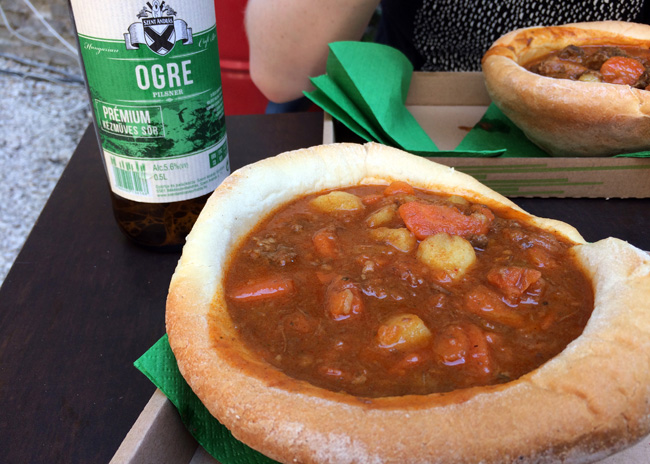 Street food goulash and a crisp Hungarian beer