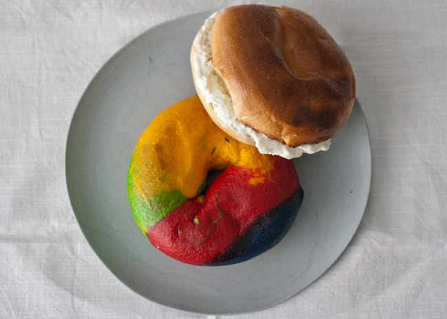 Scallion cream cheese bagel plus a rainbow bagel just for fun