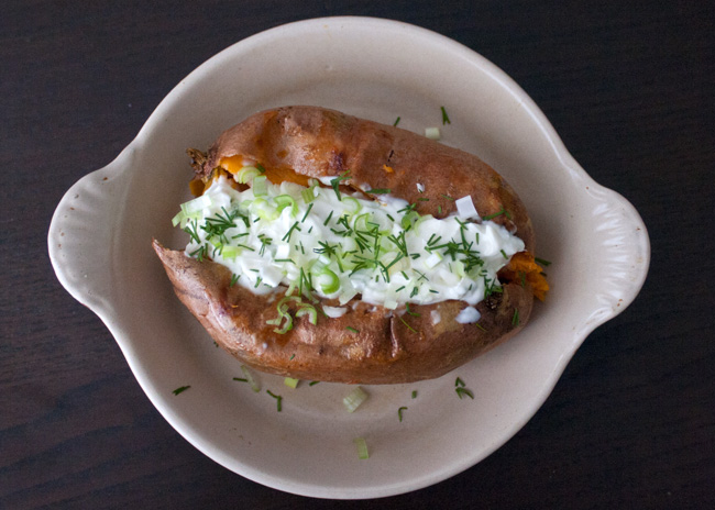 Baked sweet potato with scallion cream cheese